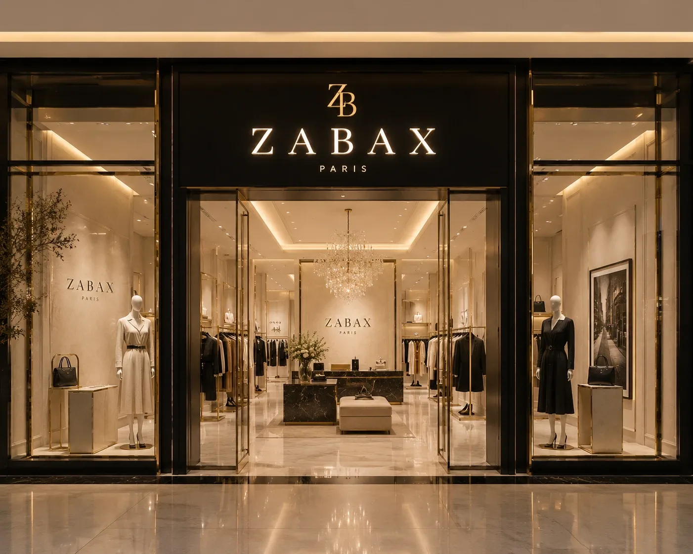Vision d’une future boutique ZABAX : façade noire et or, vitrines lumineuses