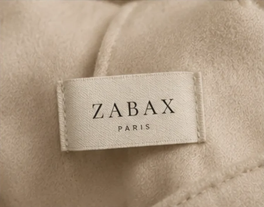 Étiquette tissée ZABAX cousue sur une étoffe beige